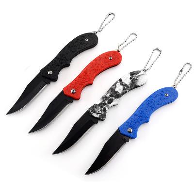 China Lightweight outdoor duty black coated blade handle self defense folding plastic pocket knife with key chain for sale