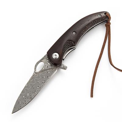 China 2022 Non-variable New Wooden Handle Folding Hunting Outdoor Camping Survival Damascus Steel Knife With Leather Rope for sale