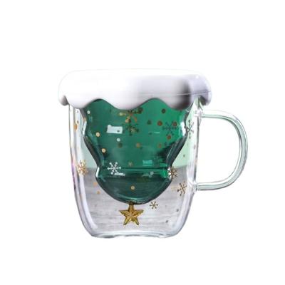 China High Quality Minimalist Design Glass Christmas Tree Shaped Double Wall Glass Coffee Mug Cup With Cover And Handle for sale