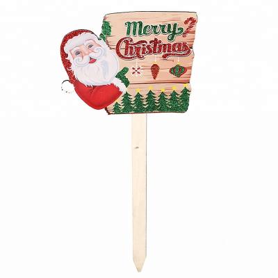 China Chistmas Day Santa Claus Pointing Square Shape Wooden Sign Write Merry Christmas Yard Stake for sale