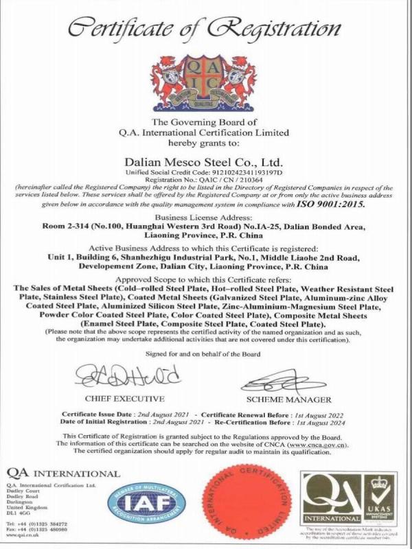 ISO9001 - Dalian Mesco Steel Co., Ltd.