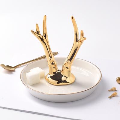 China Custom Europe Ceramic Animal Crafts Antler Jewelry Dish Tray Home Decoration for sale