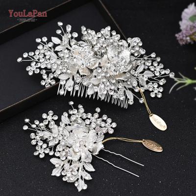 China YouLaPan HP352-Set Fashionable Hair Comb Flower Alloy Rhinestone Silver Color Head Use Bridal Tiara Hair Fork Wedding Jewelry Accessories for sale