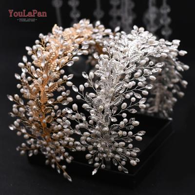 China Party YouLaPan HP322 Silver Rhinestone Headband For Women Tiara Pearl Headpiece Wide Bridal Hair Pieces Wedding Crown Leaves Headwear for sale