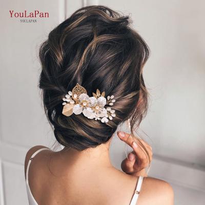 China YouLaPan HP269 Clay Flower Hairpin Gold Bridal Handmade White Wedding Tiaras Party Girl Crystal Hair Accessory Headdress for sale