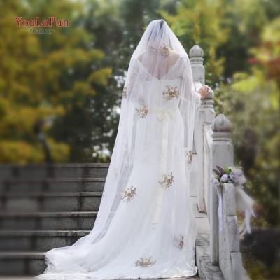 China YouLaPan V50 Cut Edge Customizable Length Gold Crystal Design Retro Long Veils Special Wedding Cathedral for sale