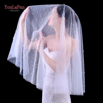 China Hot Selling YouLaPan V02 Cut Edge Wedding Veil One Layer Handmade Veil Ivory Color Long Pearl Wedding Veil for sale