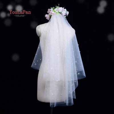 China YouLaPan V91 Cut Edge Two Layers Bead Starlight Multilayer Champagne Beaded Veil Bridal Short Veil for sale