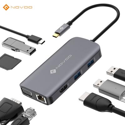 China NOVOO Type C 9port Hub to 3*USB3.0+SD/TF Card Portable Hub USB C 1080P@60Hz VGA Output NVHUBGY09PDNS for sale