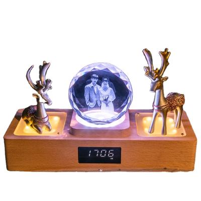 China Europe K9 2D Or 3D Laser Crystal Decorate Wooden Base Alarm Clock USB LED Music Light Crystal Gift for sale