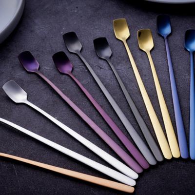 China Sustainable 304 Stainless Steel Ice Coffee Long Handle Colored Dessert Spoon Customized Logo for sale