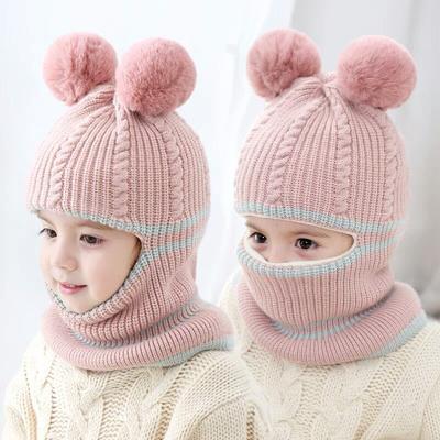 China JOINT Baby Winter Hat Cute Fleece Striped Scarf Earflap Hood Skull Caps With Pom Pom Winter Hat Kids Winter Mask Hat Girls Boys for sale