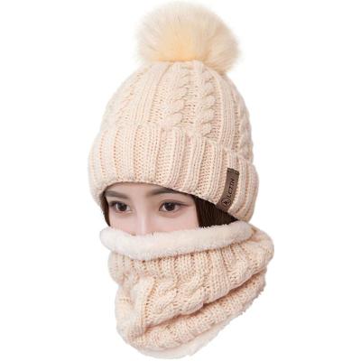 China YouYe Women's Ski Hat Slouchy Knit Skull Winter Pom Beanie Hat Scarf Set Girls Plain With Striped Fleece for sale