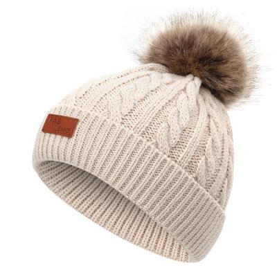 China COMMON Children Knitted Pom Pom Beanie Cap Wool Winter Warm Knit Hats With Detachable Pom For Girls Boys for sale