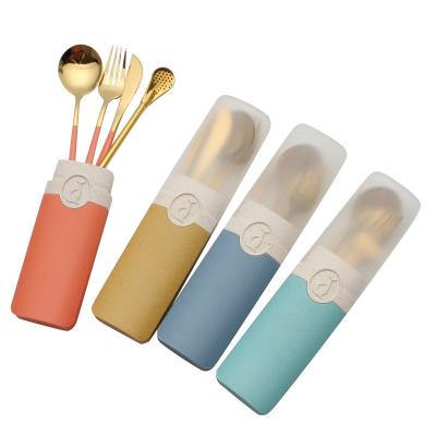 China 2021 New Arrival Sustainable Wheat Straw Case With 304 Stainless Steel Fork Knife Spoon Chopstick 4pcs Set Custom Logo Brand Available for sale