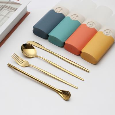 China Amazon BPA Free Reusable Wheat Straw Case With Stainless Steel Fork Knife Spoon Straw 4pcs Set Logo Custom Brand Available for sale