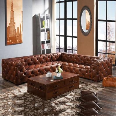 China Customized Sectional Leather Sofa Set Vintage Adorned Distressed Chesterfield Leather L Shape Sofa Living Room Furniture Antique for sale