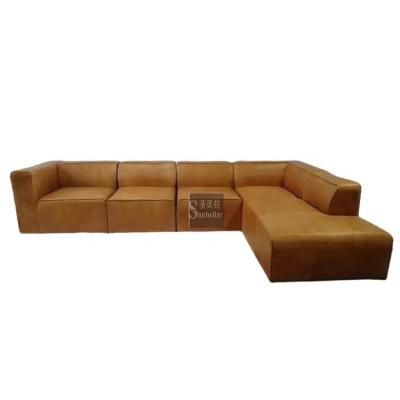 China Customized vintage modular leather sectional sofa 4 pieces with chaise lounge on right and antique brown leather corner couch on left hand for sale