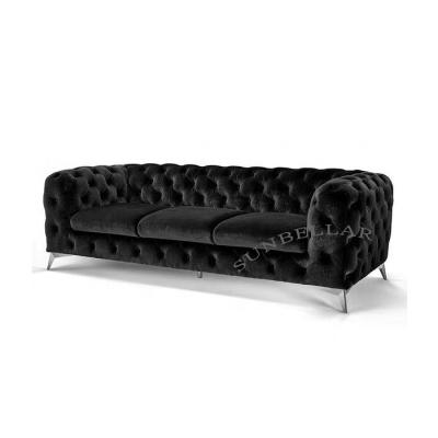 China Black Tufted Home Furniture Velvet Sofa Set Upholstery Fabric Black Chesterfield Sofa Tufted Stainless Steel Back Legs for sale