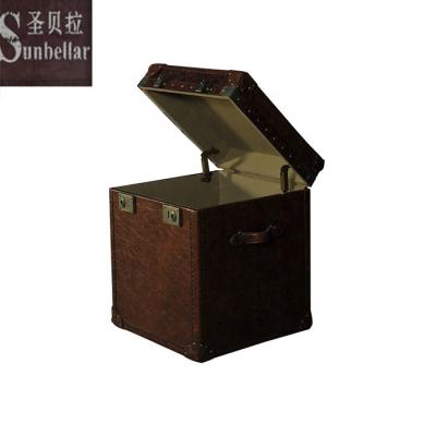 China Storage Vintage Aluminum Cover Vintage Aluminum Corner Protector Trunk Brown Leather Night Stand Bedside Table Real for sale