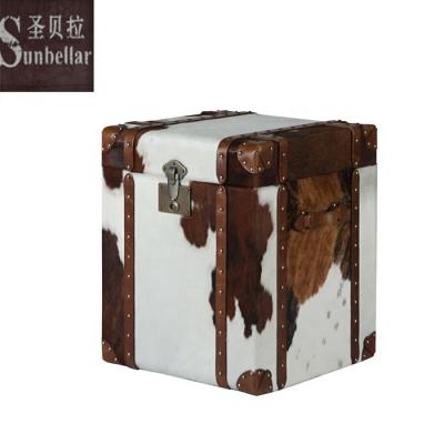 China Luxury Mid Century Vintage Living Room Decor Storage Cabinet Trunks To Cow Furniture Antique Real Fur Leather Side Coffee Table for sale