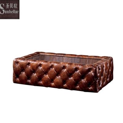 China American Luxury Antique Coffee Table Stainless Steel Mirror Sofa Center Genuine Leather Center Top Table Full Ornate With Buttons for sale