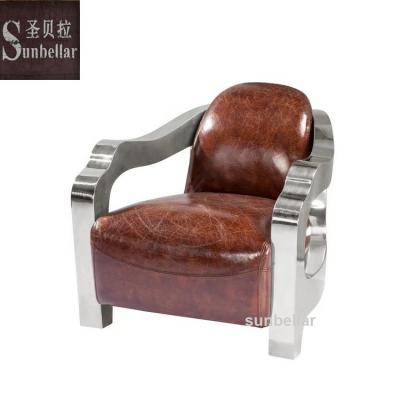 China Eco-friendly Vintage Full Genuine Leather Sofa Chair Stainless Steel Leisure Simple Chair With Arm For Lounge Club for sale