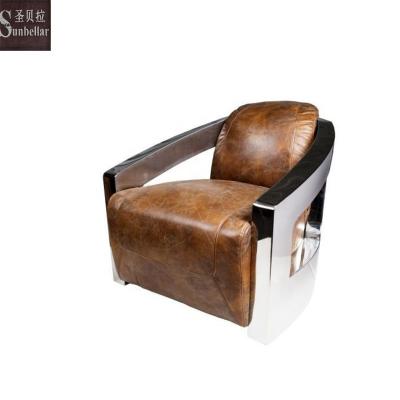 China Mid Century Customized Vintage Distressed Leather Armchair Tan Leather Retro Style Industrial Aviator Chair Stainless Steel Armrest for sale