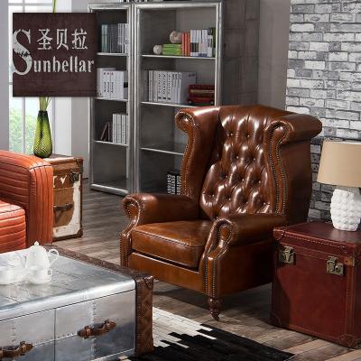 China Chesterfield High Back SOFA Chairs For Hotel Guest Room Armchair Tufted Buttons Back Pure Leather Vintage Brown Upholstered Chair for sale