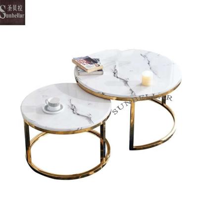 China Wholesale Modern Round Marble Coffee Table Set Gold Stainless Steel Living Room Center Table Club Waiting Room Marble Top Table for sale