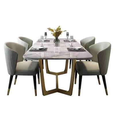 China Modern simple design gold stainless steel dining table luxury rectangular marble top dining table light clean easy set for sale