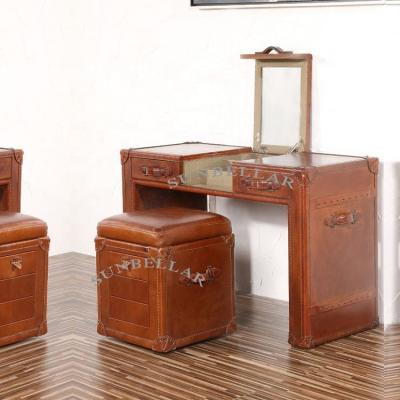 China Multifunctional Luxury Dressing Table Bedroom Dresser Antique Leather Wood With Foldable Mirror 2 Drawers Multifunctional Table for sale