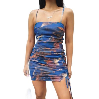 China Anti-wrinkle mesh soft ruched mini dress with spaghetti straps, square back and drawstring for customizable ruching/length for sale