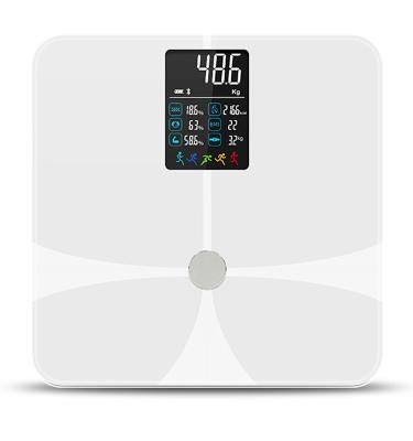 China Water Content Measuring ITO Tempered Glass Large Screen Smart Electronic Digital Radio BT 4.0 BMI Body BMI AV Fat Scale With Free APP for sale