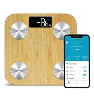 China Water Content Measuring Platform 180Kg 396Lb Eco-friendly Bamboo White LCD Show BT Smart Body BMI Fat Scale With Free APP for sale