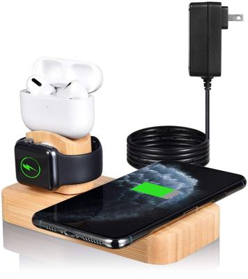 China Tablet 3 in 1 Bamboo Wireless Charging Stand for Apple Watch Charging Station for Air/Pods, Wooden Fast Qi Wireless Charger Dock for sale