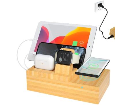 China Hot Selling Mobile Phone /Smartwatch/Earphone Charging Station Palladium 18W Bamboo Wireless Charger Stand /Wooden Qi Charger Tablet For iPhone/Apple Watch Series 5 for sale