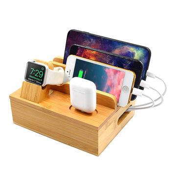 China Mobile Phone/Tablet /Smartwatch/Earphone New 5 in 1 Bamboo Charging Station Dock for Multiple Devices Docking Station Desk Organizer for Cellphone/Tablet/Airpods for sale