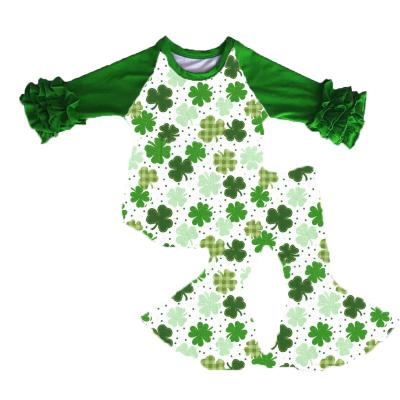 China St Patrick's Day raglan two-piece kids casual clover print babies T-shirt and Bell bottom team pants outfit 2022 for sale