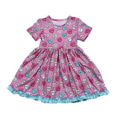 China Breathable Candy Heart Print Valentine's Day Kids Dress Toddler Clothing Babies Short Sleeve Dress for sale