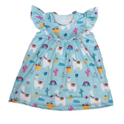 China 2020 New Design Breathable Kids Milk Flutter Sleeve Ruffle Dress Summer Toddler Girls Llama Print Silk Dress For Kids for sale