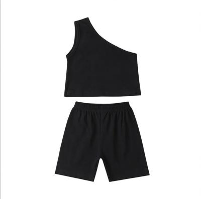 China 2021 Summer Toddler Casual Baby One Shoulder Solid Color T-shirts Tops Sports Shorts Children Girl Clothing Set 2PCS for sale