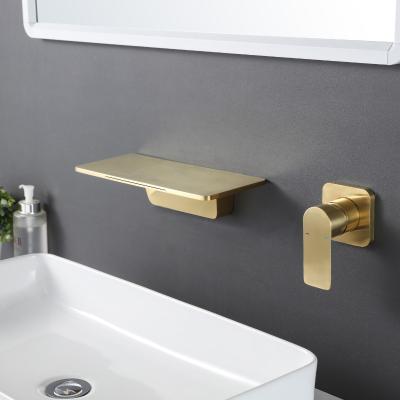 China Thermostatic Black Bathroom Faucet HUARUILI Faucets Gold Waterfall Wall Mounted Concealed Side Basin Faucet Hot Cold Bathtub Faucet for sale