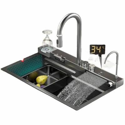 China With Faucet HUARUILI Hot Selling Stainless Steel 304 Tiktok Trends Waterfall Metal Grey Kitchen Sink Sets With Flying Rainfall Faucet for sale