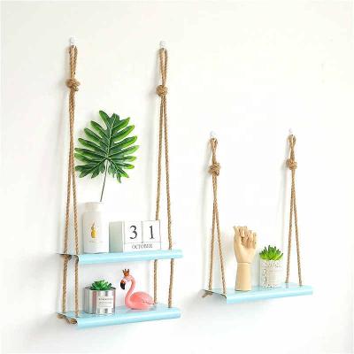 China Modern Nordic Wooden 3 Layer Hanging Canvas Shelf Creative Wall Mounted Shelf Rope Living Room Bar Ornament Decoration Storage Racks for sale