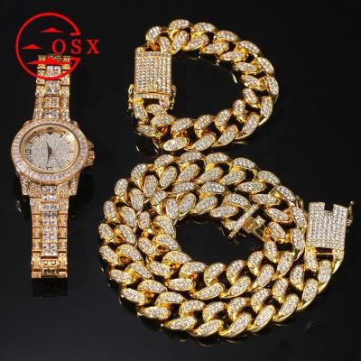 China Wholesale Necklace Diamond Watch Men Bracelet Hip Hop Personality Hiphop Fashion Jewelry Set for sale