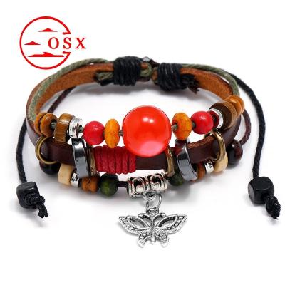 China Wholesale Vintage Bohemian Beads Multilayer Butterfly Bracelet Charm Cowhide Slider Bead Bracelets Leather Rope Custom Leather Bra for sale