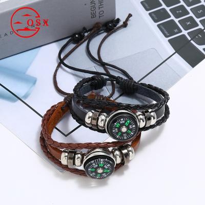 China Wholesale Couples Nylon Friendship Cord Compass Vintage Cowhide Woven Outdoor Multilayer Survival Compass Bracelet for sale