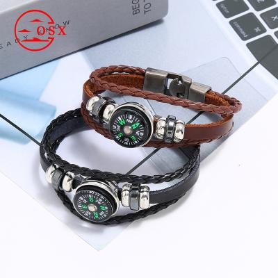 China Vintage Wholesale OSX Luxury Men's Magnetic Charm Couple Outdoor Jewelry Bracelet Leather Sport Viking Compass Bracelet for sale