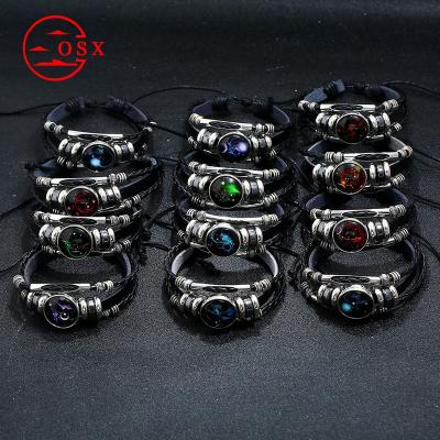 China Hot Selling Vintage 12 Zodiacs Support Star Symbol 12 Custom Number Logo Charm Leather Bracelet Layer Leather Bracelet for sale